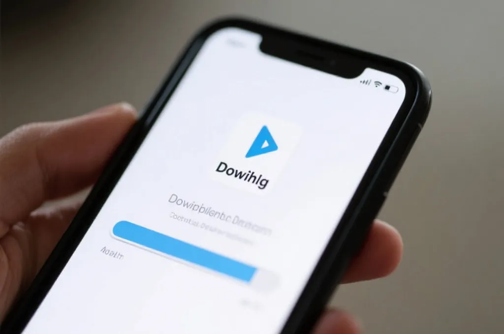 a close-up of a smartphone screen downloading a modern mobile application with a progress bar