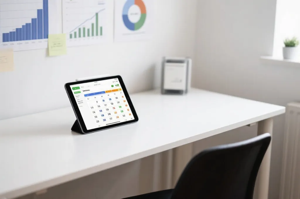 Editorial view of a clean workspace with a tablet displaying a live soccer matches schedule, abstract visual charts, no brand logos